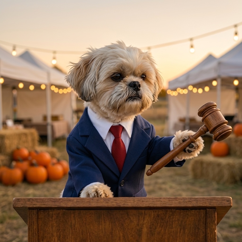 Winston, a small dog in a suit, at a podium at an autumn market with white tents, string lights and pumpkins, raising a gavel